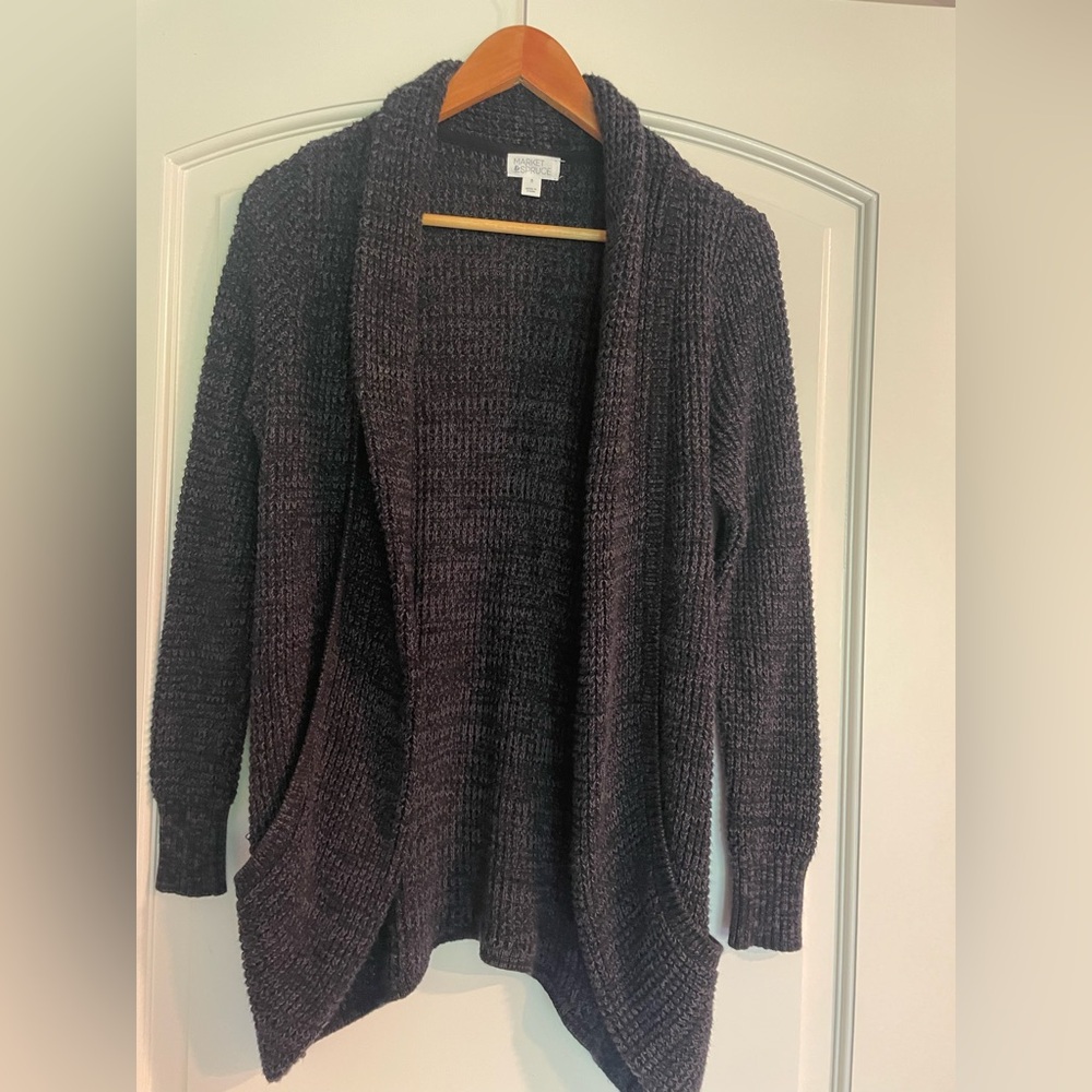 Market & Spruce Open-Front Shawl Cardigan - Charcoal Cotton Wool Blend M